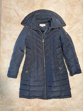 Michael Kors Dark Navy Long Quilted Puffer Coat with Hood